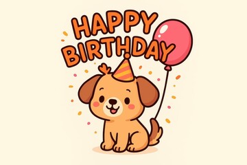 Fototapeta premium Happy cartoon dog with pink balloon and confetti celebration