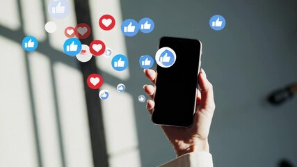 Professional marketer checking smartphone, receiving viral social media engagement through likes and heart notifications highlighting digital communication impact - Powered by Adobe