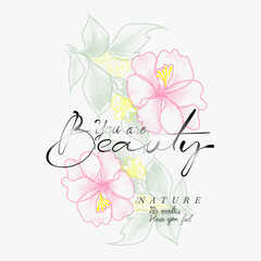 Vintage Doted flowers print, Beauty of nature slogan text print design. flowers hibiscus botanical art style.  printed t-shirt design for  women's, summer tropical flowers. flower graphic in vector,