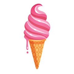 strawberry ice cream in a waffle cone on a transparent background. Vector illustration
