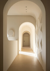 Interior hallway with curved arches and built-in geometric shelving, featuring textured white walls. 3D render.