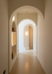Interior hallway with curved arches and built-in geometric shelving, featuring textured white walls. 3D render.