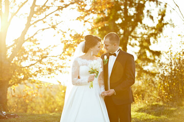 A bride and groom are standing in a field with the sun shining on them. The bride is holding a...