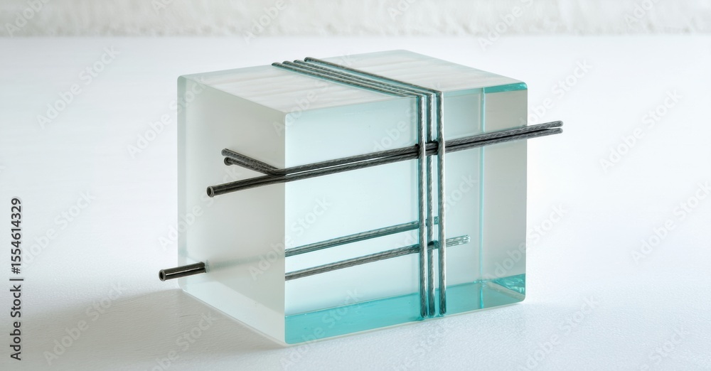 Poster glass cube features metal rods passing through it. minimalist sculpture, clean lines, modern design,