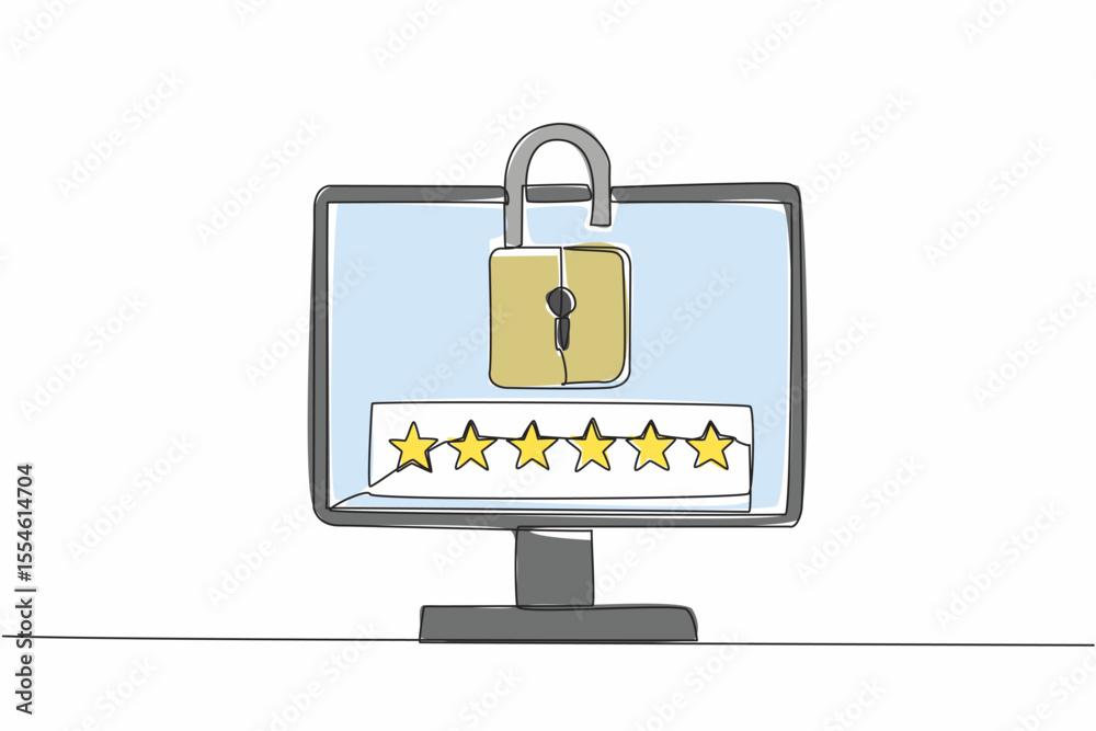 Poster single continuous line drawing monitor with open padlock on screen. a unique combination of 6 charac