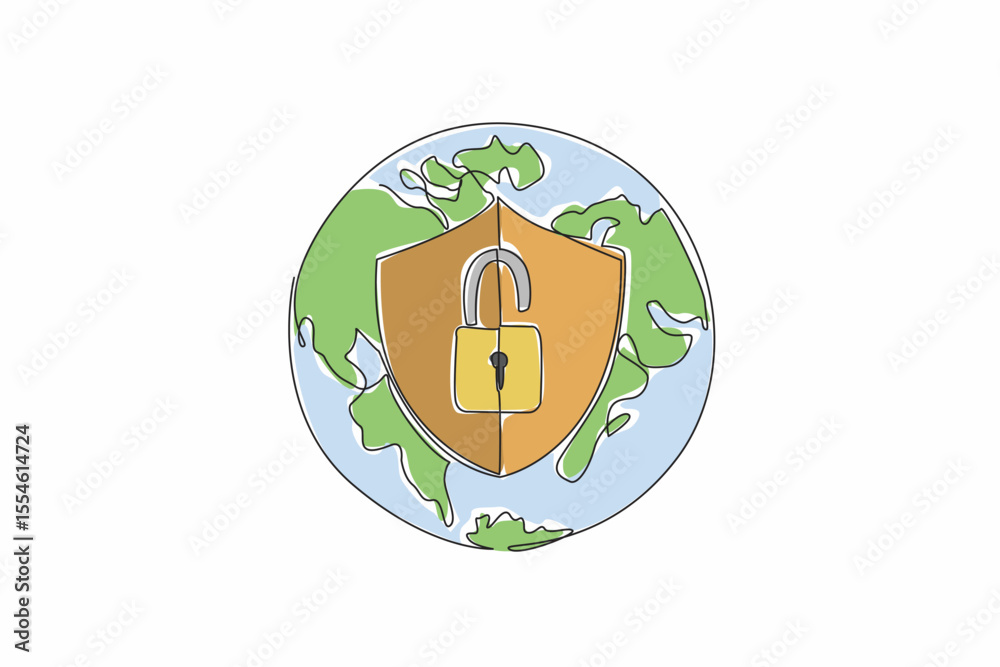 Poster single continuous line drawing globe with shield and open padlock in middle. two safe stages to expl