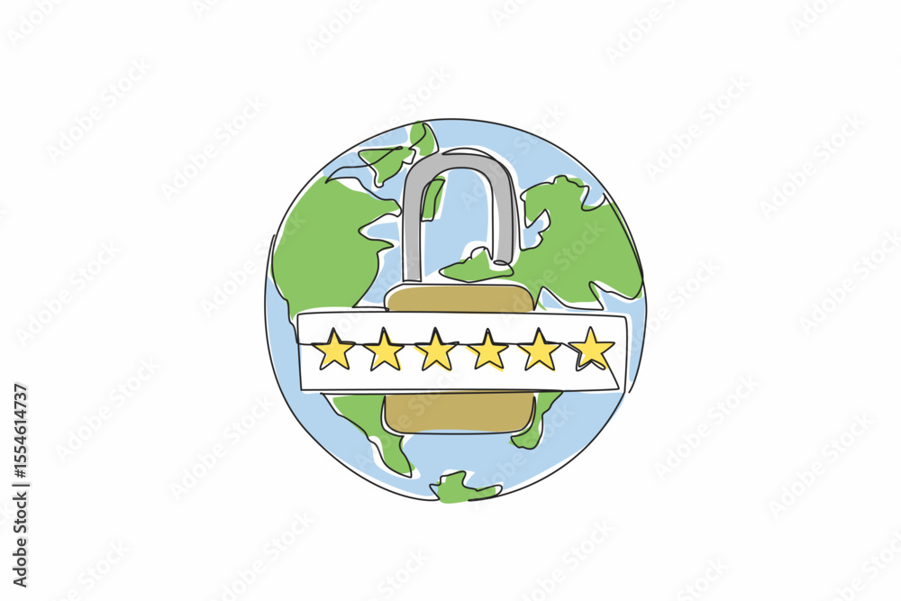 Aufkleber single one line drawing globe with an open padlock in the middle. use a unique combination of letter