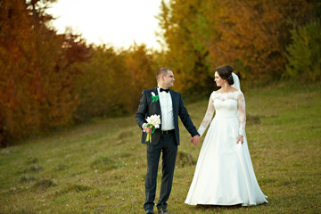 A bride and groom are walking through a field of grass. The bride is wearing a white dress and the...