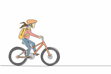 Fototapeta premium Continuous one line drawing a boy riding a bicycle while carrying a bag and wearing a helmet. Safety first. Morning spirit. National Bike to School Day. Single line draw design vector illustration