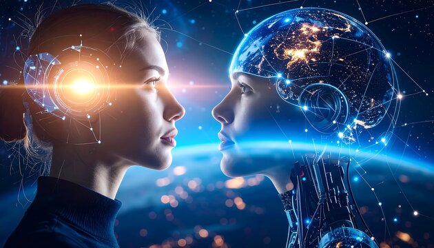 Human vs AI Futuristic woman and robot faces with with digital world background.