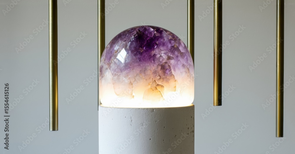 Poster amethyst lamp glows softly. modern design features stone sphere atop concrete base. vertical gold ba