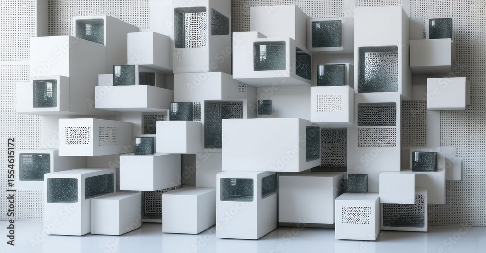 Poster White cubes form wall. Each cube contains smaller dark box, creating depth. Modern design, minimalist aesthetic, geometric pattern.