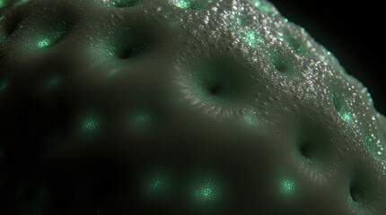  Microphotography Close-Up of Alien Skin Texture Covered with Bioluminescent Pores and Soft Glowing Veins Beneath the Surface, Surreal Macro Sci-Fi Scene with Rich Detail and Otherworldly Atmosphere