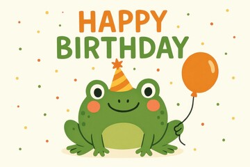 Fototapeta premium Smiling frog birthday cartoon with party hat and orange balloon