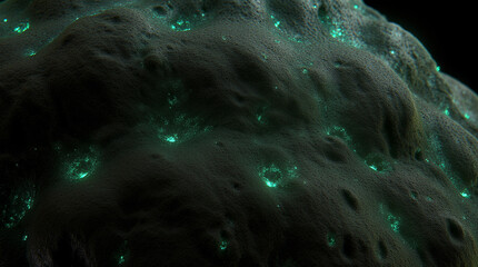  Microphotography Close-Up of Alien Skin Texture Covered with Bioluminescent Pores and Soft Glowing Veins Beneath the Surface, Surreal Macro Sci-Fi Scene with Rich Detail and Otherworldly Atmosphere