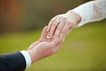 A couple's hands are clasped together, with a ring on each finger. Concept of love and commitment, as the couple is getting married
