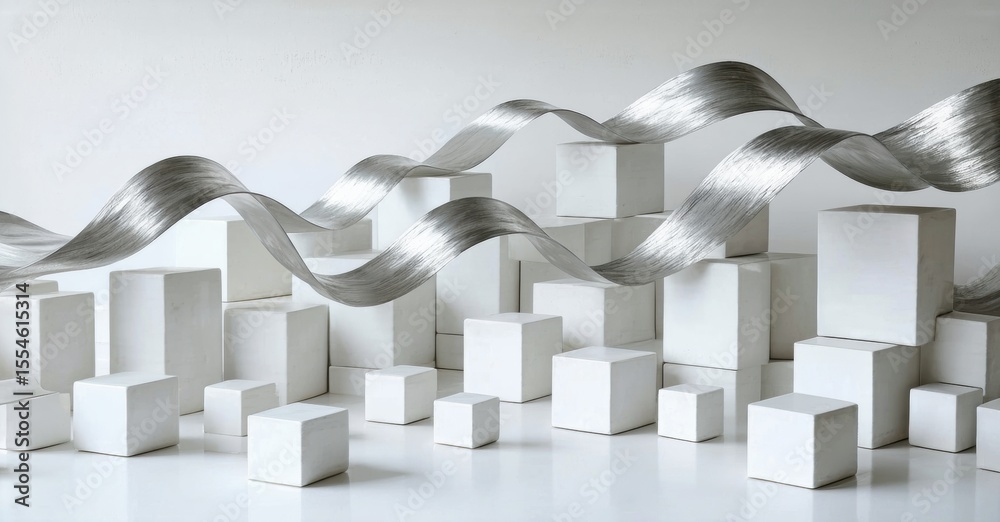 Poster minimalist sculpture. white cubes, metallic ribbon create abstract composition. clean lines, modern 