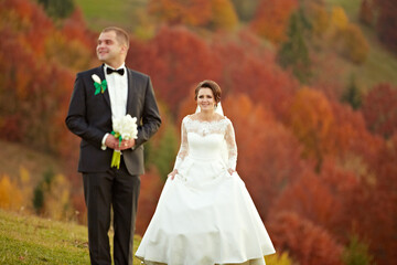 A bride and groom stand in a field of autumn leaves. The bride is wearing a white dress and the...