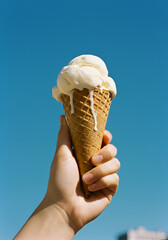 A close-up photo of a hand holding a melting vanilla ice cream cone against a clear blue sky. The ice cream is dripping down the cone and fingers, with creamy textures and warm sunlight.