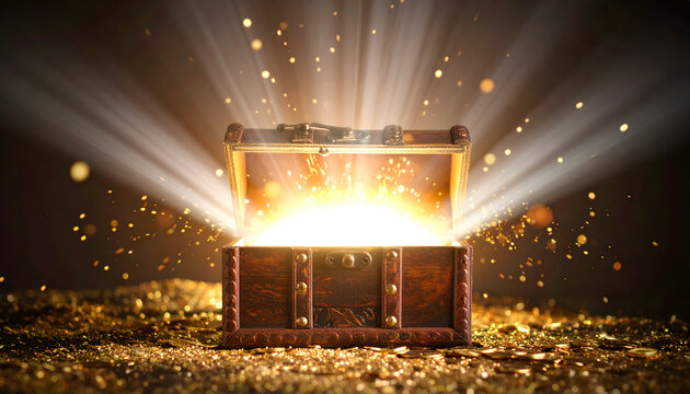 A scene of light shining from a treasure chest containing gold and silver treasures