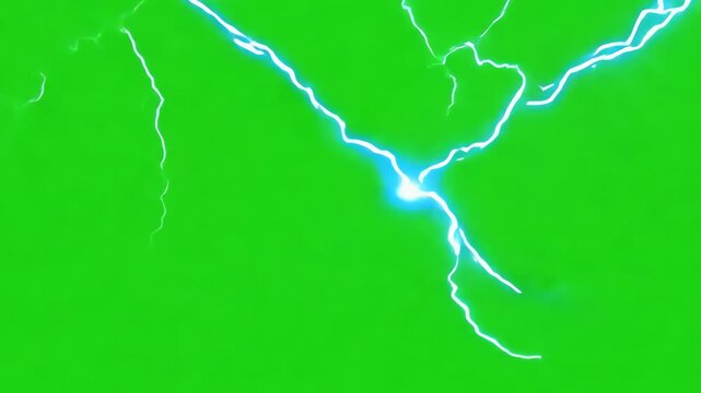 White lightning and blue electrical discharge on green screen. Thunder bolt electricity voltage effect footage.