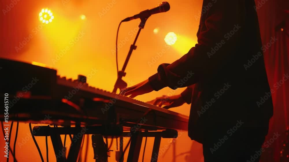 Poster a person stands in front of a keyboard on a stage, ready to perform