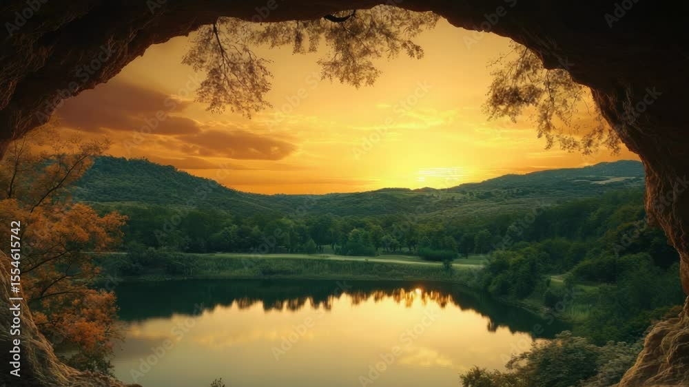 Poster a serene lake scene viewed from inside a cave