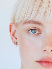 Close-up of a woman's face with jewelry, freckles, and blonde hair