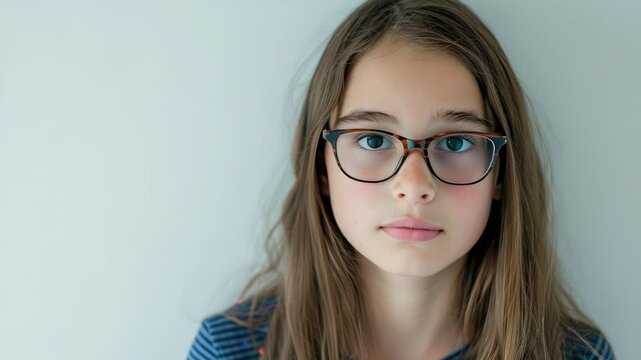 A young girl wearing glasses and a striped shirt, looking directly at the camera