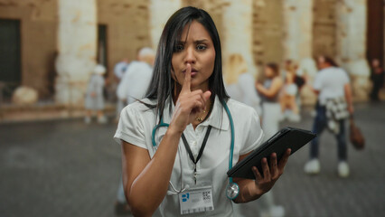 Woman doctor with stethoscope and tablet stands on a busy street, emphasizing focus and...