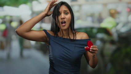 Woman holding red jewelry box with surprised expression on busy street, capturing outdoor urban...