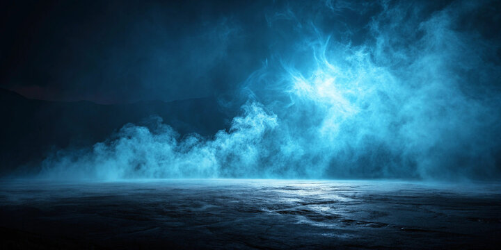 Eerie blue smoke and fog fill a dark landscape with a mysterious and atmospheric effect at night
