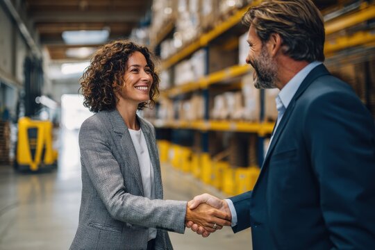 Make Eye Contact. Industry Professionals Conclude a Successful Deal in Warehouse Setting