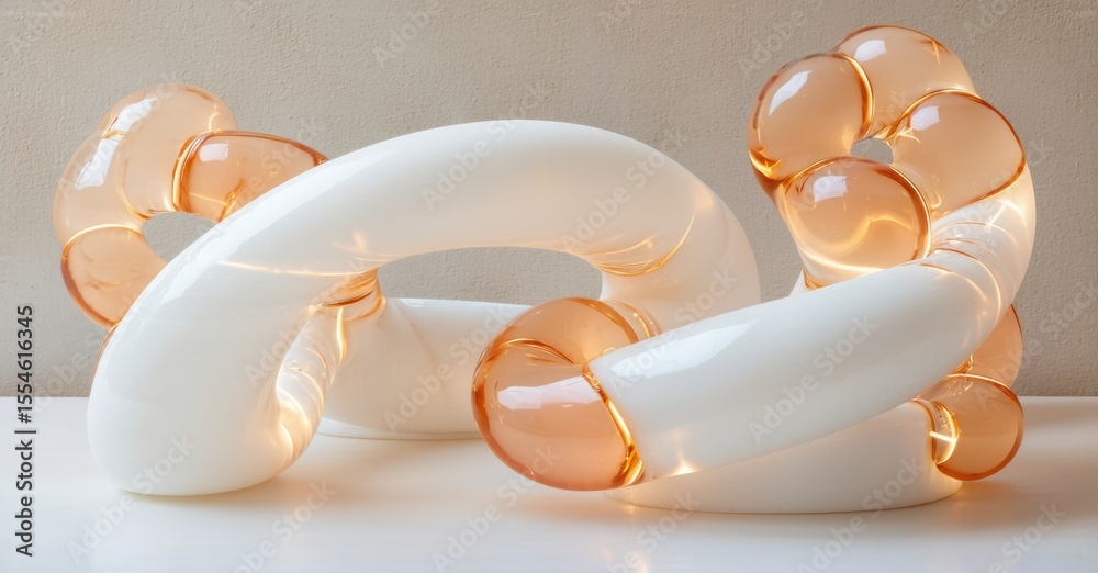 Poster glass sculpture resembling balloon animals. white, peach tones create soft curves, elegant form. min