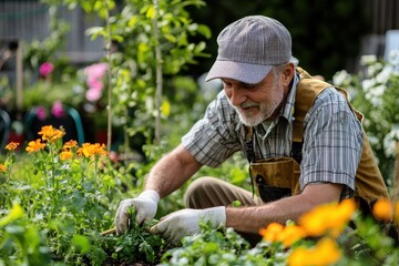Fototapeta premium Man Working On Lawn. Active Senior Man Gardening in Garden on a Summer Day