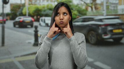Woman outdoors playfully making faces on a busy urban street with cars passing by capturing a...