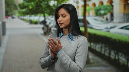 Young woman with dark hair claps while standing outdoors on a city street, surrounded by cars and...