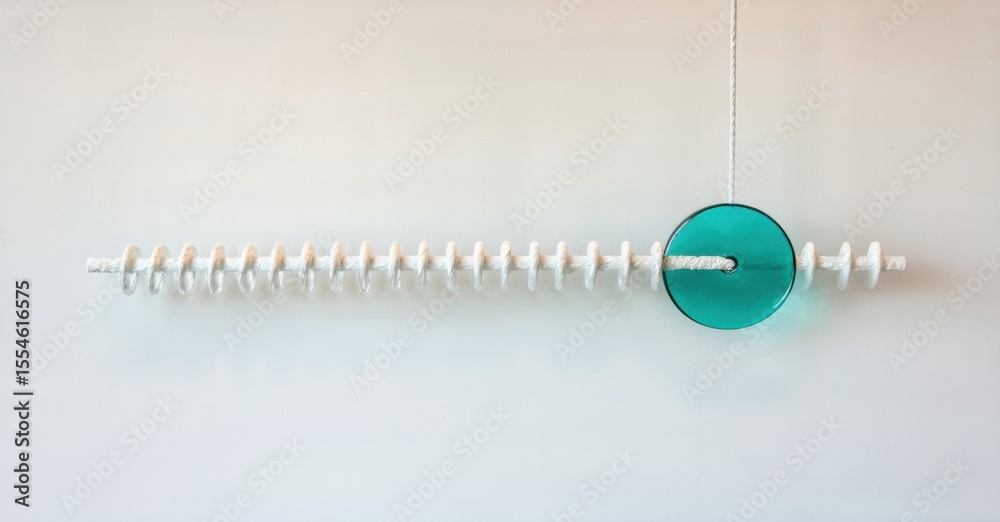 Poster suspended object features white insulators, turquoise disk. linear arrangement against pale backgrou