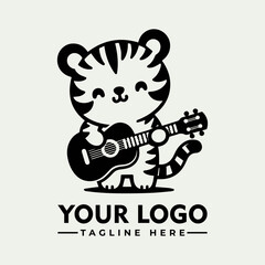 Adorable cartoon tiger serenades with acoustic guitar, logo design.