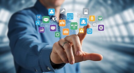 Engaging digital interface as hand interacts with social media application icons.