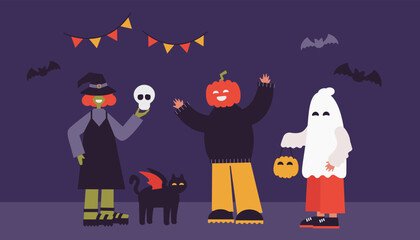 Flat vector illustration of kids in Halloween costumes — ghost, pumpkin, and witch — celebrating at night with decorations. Perfect for seasonal cards, party invitations, posters, and educational mate
