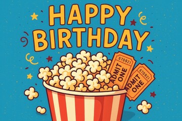 Bright popcorn birthday theme with stars, tickets, and celebratory text