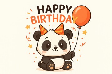 Cartoon panda birthday character holding balloon and wearing hat