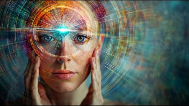 A mystical visual background designed for meditation, focusing on the concept of awakening the third eye. Radiant energy emanates from the forehead area, symbolizing inner vision, higher consciousness