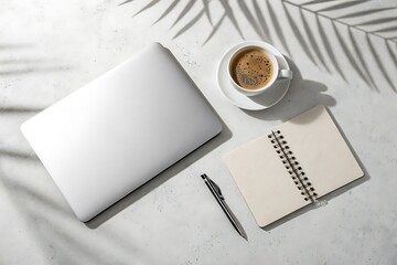 Morning coffee, notebook, and newspaper on a business desk