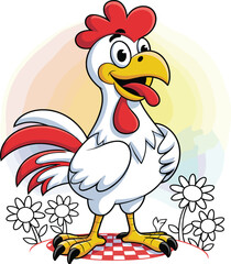 Cheerful Rooster Mascot: Cartoon Character Standing on a Checkered Mat with Flowers