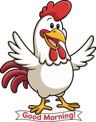 Cheerful Rooster Mascot: Cartoon Character with Spread Wings and 'Good Morning!' Greeting