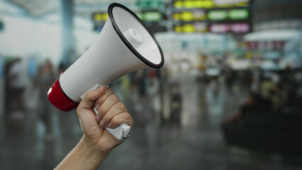 Hand of a caucasian man holding a megaphone in a busy airport terminal, highlighting communication...