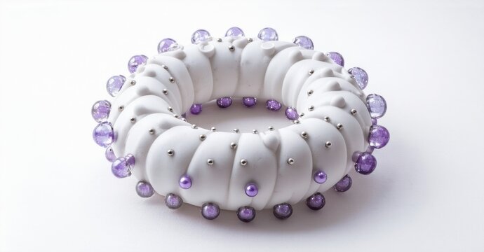 White bracelet features amethyst accents. Tubular segments connect, creating textured circular design. Elegant jewelry piece.
