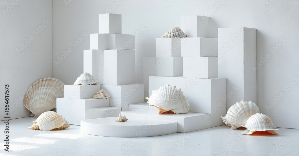 Poster white shells rest upon stacked white blocks. minimalist composition, clean aesthetic, bright studio 